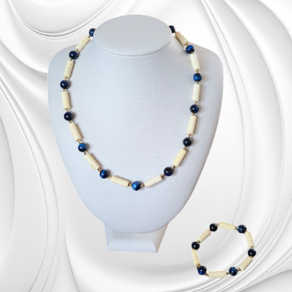 BRAKN30 bizuteria kamienie naturalne bransoleta z walców mlecznego bursztynu granatowych kulek kociego oka i hematytu na prezent