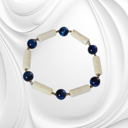 BRAKN30 bizuteria kamienie naturalne bransoleta z walców mlecznego bursztynu granatowych kulek kociego oka i hematytu na prezent