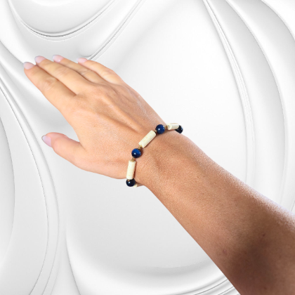 BRAKN30 bizuteria kamienie naturalne bransoleta z walców mlecznego bursztynu granatowych kulek kociego oka i hematytu na prezent