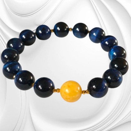 BRAKN34 biżuteria kamienie naturalne bransoleta z niebieskiego kociego oka bursztynu i hematytu na prezent