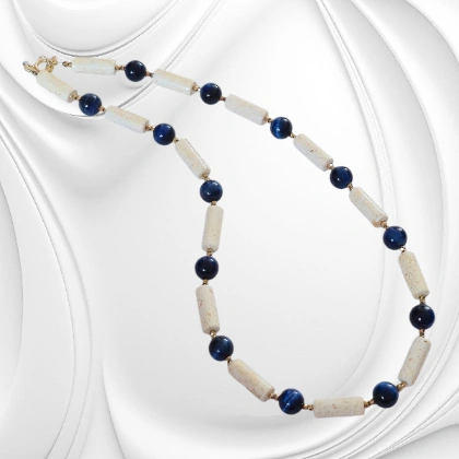 NASKN114 biżuteria kamienie naturalne naszyjnik z mlecznego bursztynu, granatowego kociego oka i hematytu na prezent