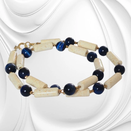 Naszyjnik z mlecznego bursztynu i kociego oka – ręcznie robiona biżuteria z hematytem i srebrem - obrazek 4