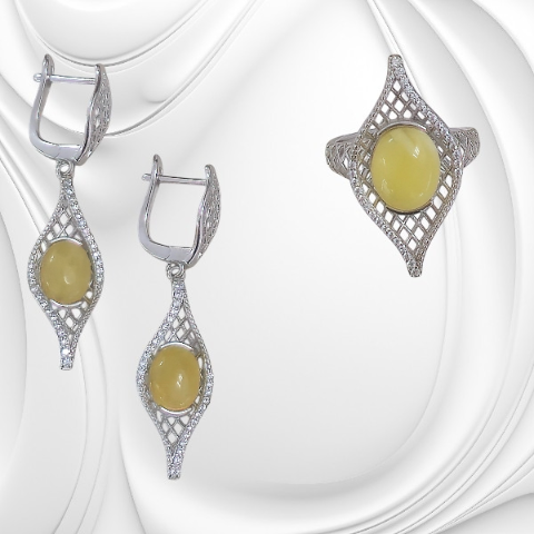 Eleganckie srebrne kolczyki z mlecznym bursztynem i cyrkoniami - obrazek 6