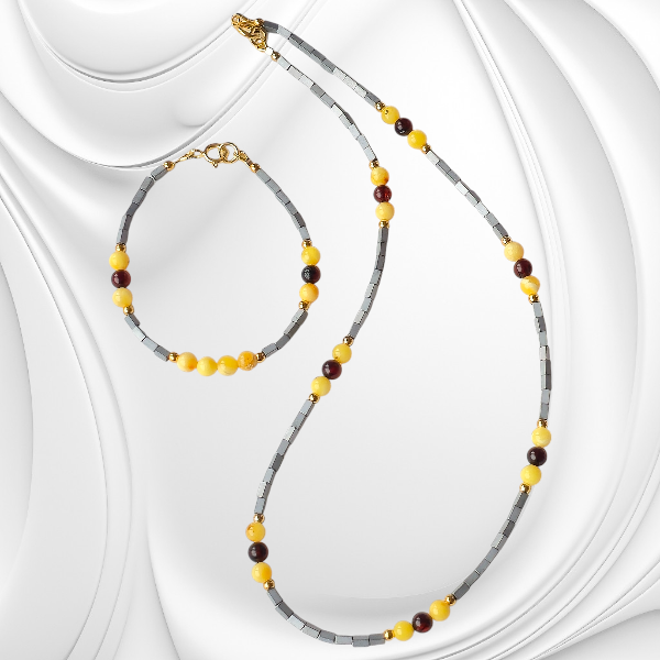 elegancka bransoletka z hematytu i bursztynu mlecznego i koniakowego