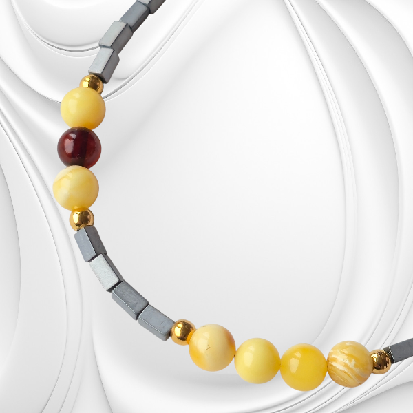 elegancka bransoletka z hematytu i bursztynu mlecznego i koniakowego