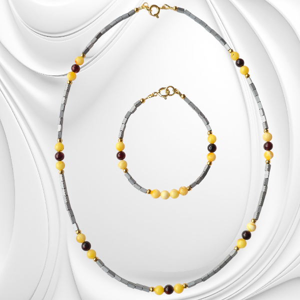 elegancka bransoletka z hematytu i bursztynu mlecznego i koniakowego