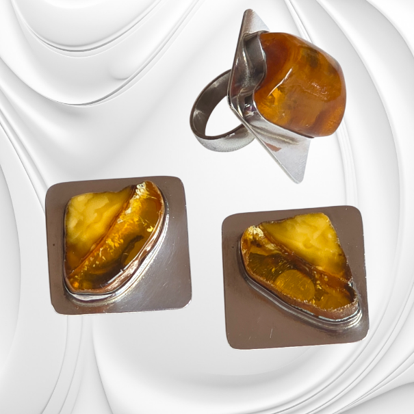 eleganckie srebrne kolczyki z bursztynem