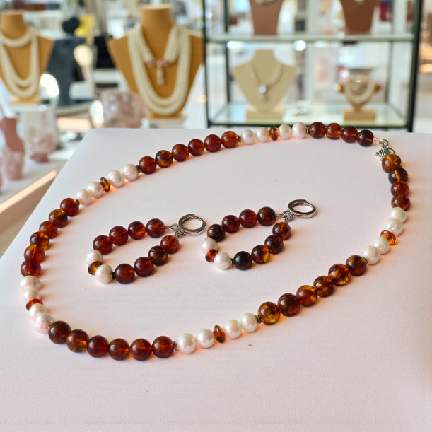 Kolczyki z bursztynu i pereł