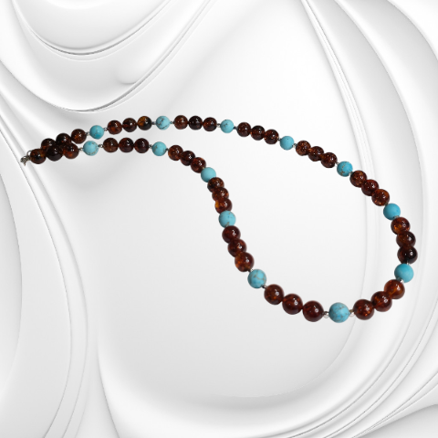 Naszyjnik z bursztynu koniakowego, turkusu i hematytu ze srebrnym zapięciem