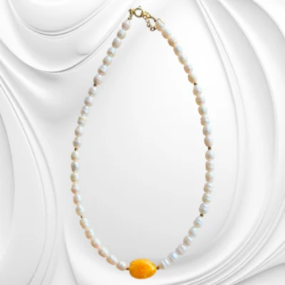 Naszyjnik z naturalnych pereł z bursztynem i hematytem
