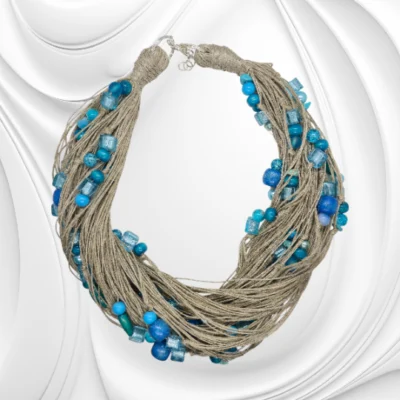 Naszyjnik w kolorze turkusu z lnu szkła i koralików