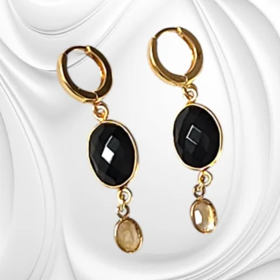 Srebrne złocone kolczyki z fasetowanym onyksem i cytrynem – elegancja kontrastu i światła