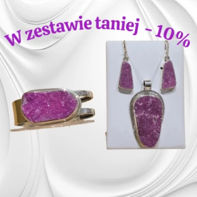 Wyjątkowy fuksjowy komplet z kalcytu kobaltowego i srebra – zawieszka, kolczyki i bransoletka