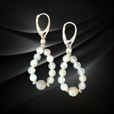 Kolczyki z fasetowanego szarego labradorytu na srebrnym zapięciu angielskim – subtelna głębia światła