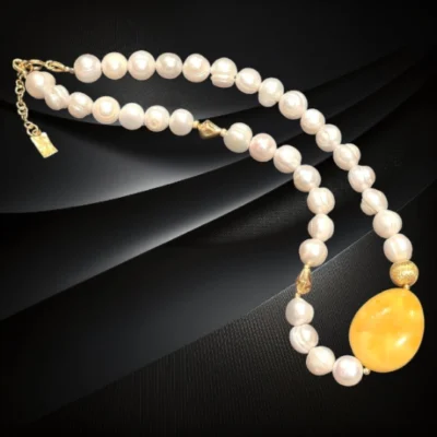 Wyjątkowy naszyjnik z pereł i bursztynu z pozłacanego srebra
