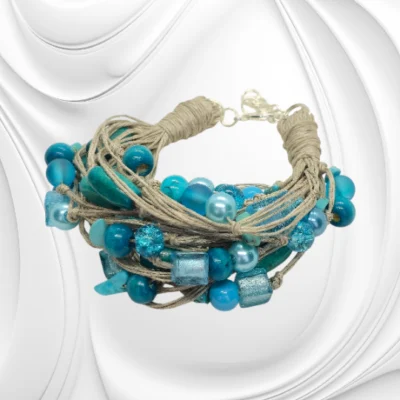 Bransoletka handmade z lnianego sznurka z turkusowymi koralikami – naturalna biżuteria boho