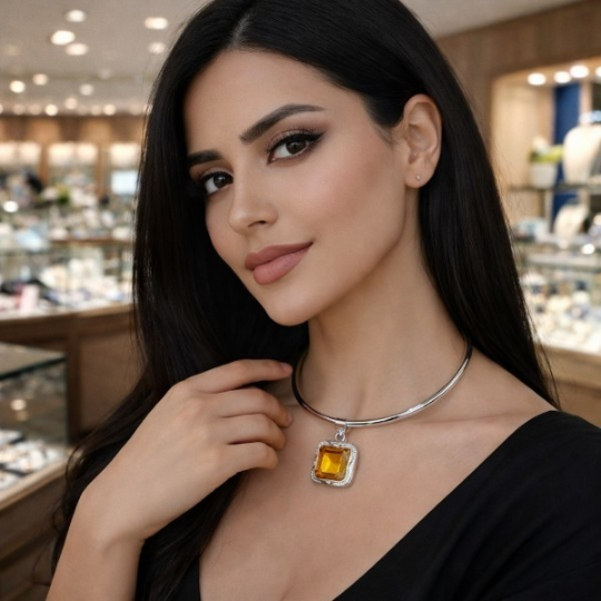 Srebrna zawieszka z fasetowanym cytrynem o ciepłym, złocistym kolorze.