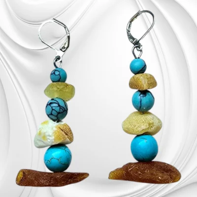 Kolczyki z bursztynu bałtyckiego i turkmenitu – naturalne bryłki ze srebrnym zapięciem