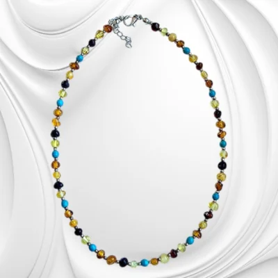 Naszyjnik z bursztynu bałtyckiego i turkusu – polerowane kulki z naturalnych kamieni