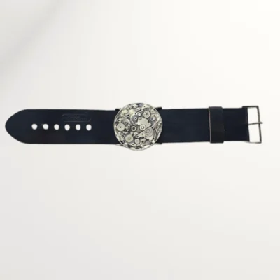 Designerska bransoletka skórzana z mechanizmem ze srebra i białego metalu – unisex